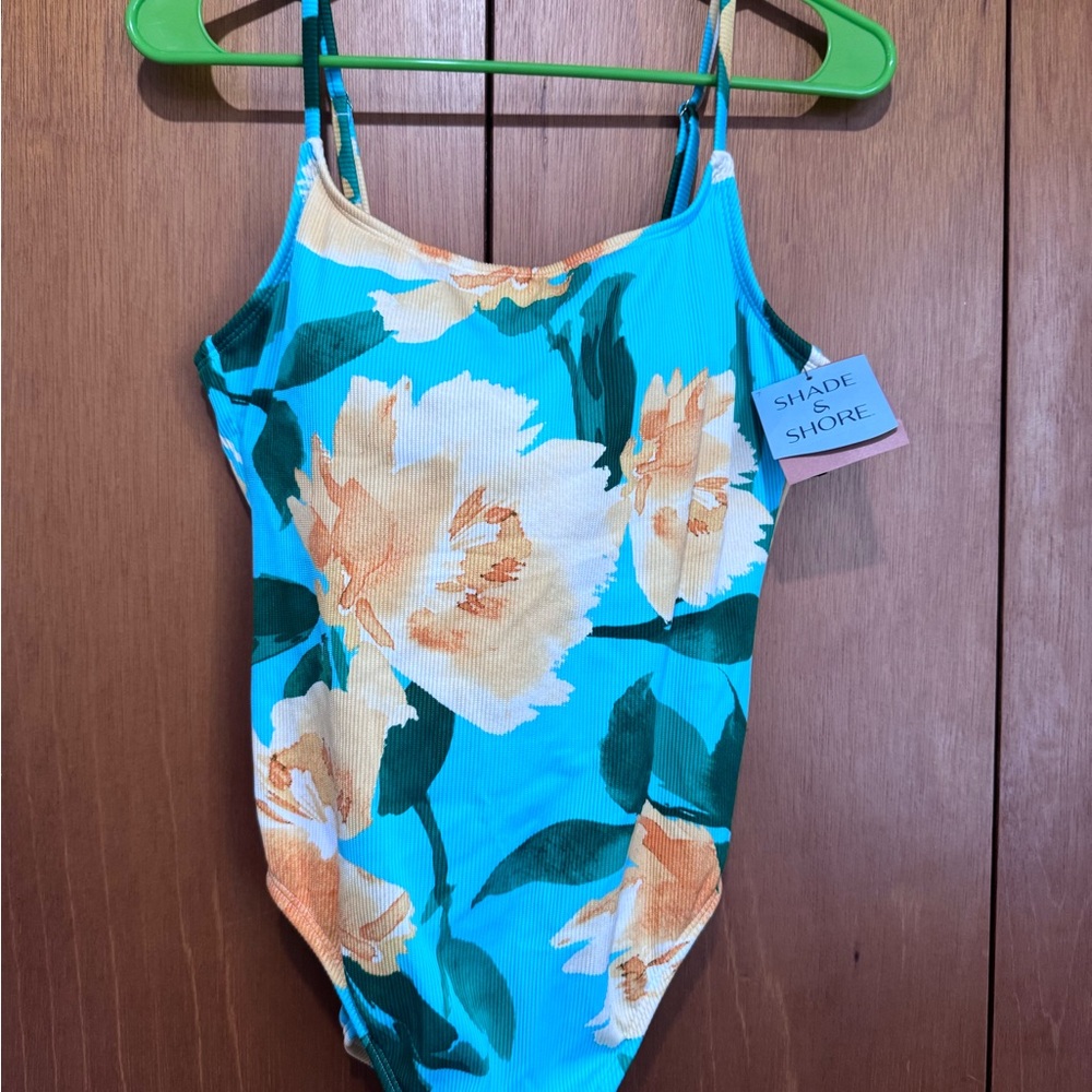 Shade & Shore Teal Floral Girls' One-Piece Swimsuit with Cream Flowers